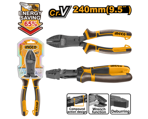 Плоскогубцы INGCO INDUSTRIAL 240 мм, +65 %, усиленные BLACK комбинированные HCCP58240 Плоскогубцы INGCO INDUSTRIAL 240 мм, +65 %, усиленные BLACK комбинированные HCCP58240