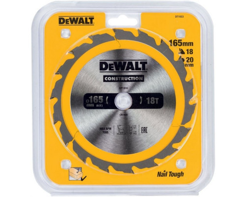 Пильный диск DeWalt Construction 165 x 20, 18 зубьев DT 1933