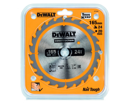 Пильный диск DeWalt Construction 165 x 20, 24 зуба DT 1949