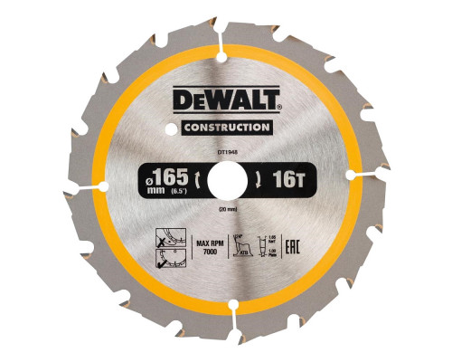 Пильный диск DeWalt Construction 165 x 20, 16 зубьев DT 1948