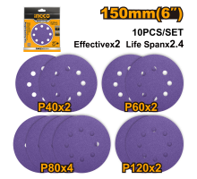 Набор шлифовальных кругов INGCO AKRS150103 INDUSTRIAL 150 мм 10 шт. Р40-120 8 отв.