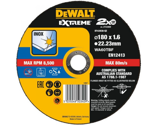 Диск отрезной по металлу Dewalt Extreme 180x1,6x22,2 DT 43938