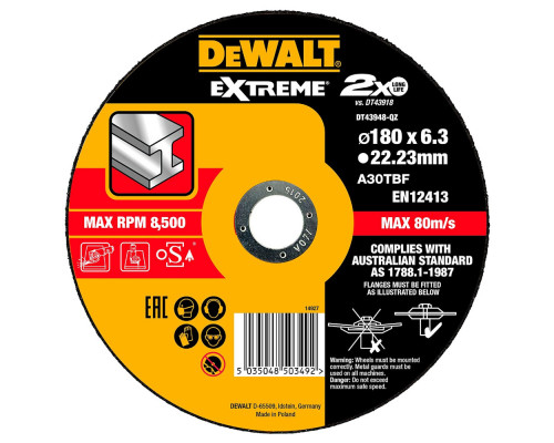 Диск шлифовальный по металлу Dewalt Extreme 180 x 6,3 x 22.2 DT 43918