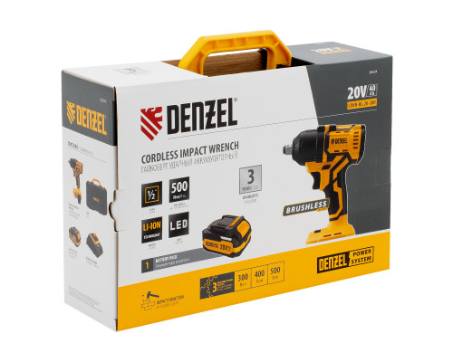 Гайковерт ударный аккумуляторный бесщеточный Denzel CIWH-BL-20-500 26524