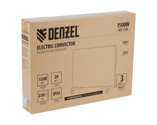 Конвектор электрический Denzel XCE-1500, 230 В, 1500 Вт, Х-элемент, термостат, колеса 98139