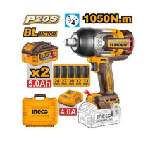 Аккумуляторный бесщеточный ударный гайковерт "20V MAX" INGCO INDUSTRIAL 3/4", 1050 Нм, 2 Акб х 5 Ач CIWLI20105