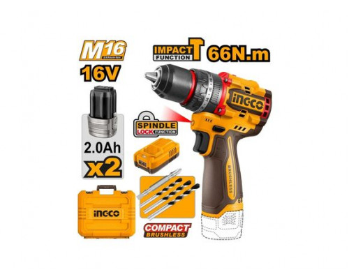 Аккумуляторный ударный бесщеточный шуруповерт INGCO INDUSTRIAL 16 В 66 Нм 22+1+1 CIDLI166062