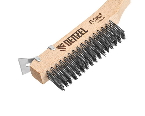 Щетка зачистная 4-х рядная, проволока из нержавеющей стали с деревянной ручкой скребок, EFP Denzel 74847