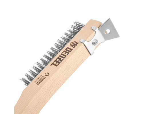 Щетка зачистная 4-х рядная, проволока из нержавеющей стали с деревянной ручкой скребок, EFP Denzel 74847