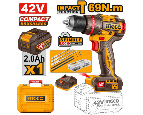 Аккумуляторный бесщёточный ударный шуруповерт INGCO INDUSTRIAL 42 В 66 Нм CIDLI426981