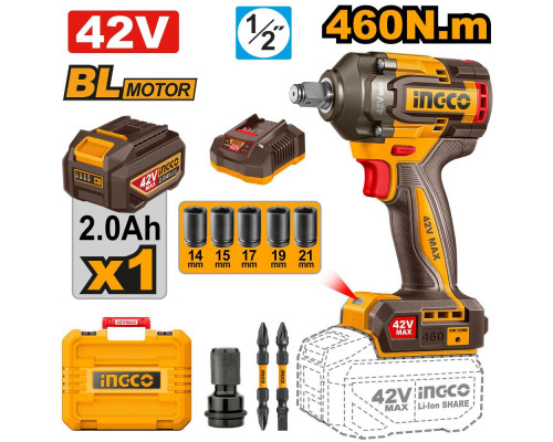 Аккумуляторный бесщёточный ударный гайковёрт INGCO INDUSTRIAL 42 В 1/2" 460 Нм CIWLI42461