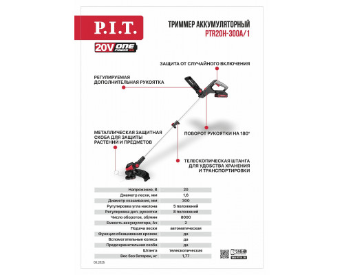 Триммер аккумуляторный P.I.T. 1 АКБ, ЗУ PTR20H-300A/1