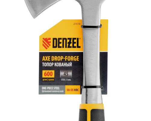 Топор цельнометаллический Denzel 600г, двухкомпонентная обрезиненная рукоятка, прямой хват 21510