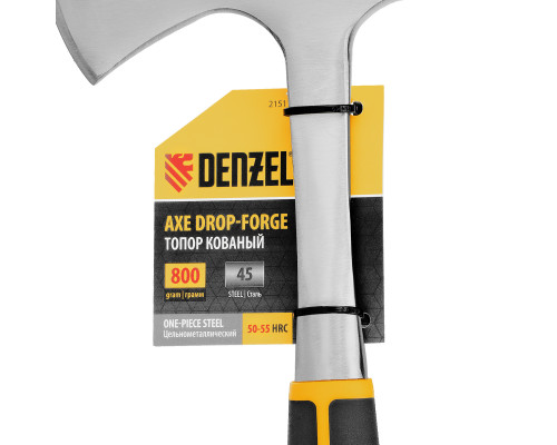 Топор цельнометаллический Denzel 800 г, двухкомпонентная обрезиненная рукоятка, прямой хват 21511