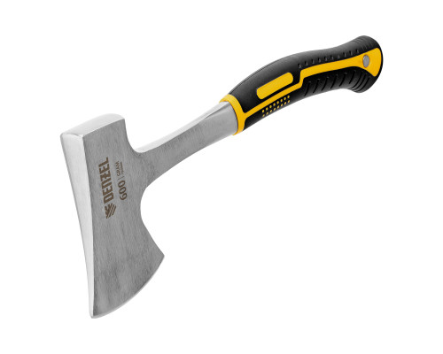 Топор цельнометаллический Denzel 600г, двухкомпонентная обрезиненная рукоятка, изогнутый хват 21513