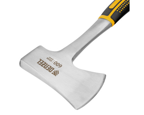 Топор цельнометаллический Denzel 600г, двухкомпонентная обрезиненная рукоятка, изогнутый хват 21513