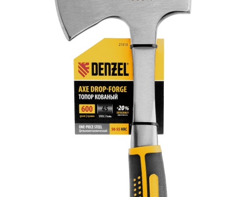 Топор цельнометаллический Denzel 600г, двухкомпонентная обрезиненная рукоятка, изогнутый хват 21513