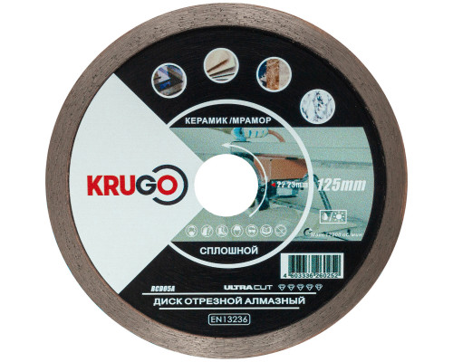 Диск алмазный сплошной по керамике для УШМ 125 x 1.4 x 22.23 x 8 мм KRUGO RCD05A