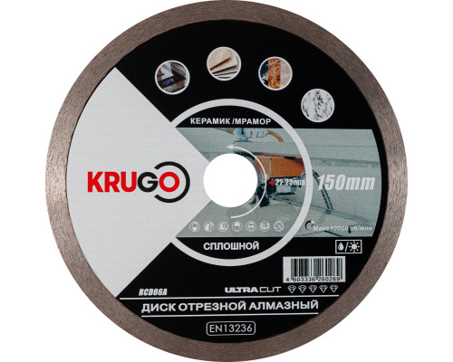Диск алмазный сплошной по керамике для УШМ 150 x 1.6 x 22.23 x 8 мм KRUGO RCD06A