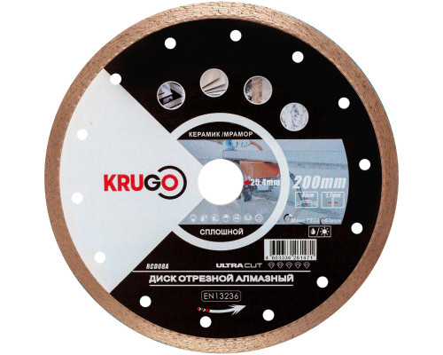 Диск алмазный сплошной по керамике для УШМ 200 x 1.7 x 25.4/22.23 x 8 мм KRUGO RCD08A