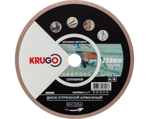 Диск алмазный сплошной по керамике для УШМ 230 x 1.7 x 25.4/22.23 x 8 мм KRUGO RCD09A