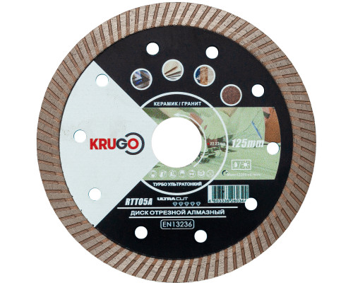 Диск алмазный Турбо по керамике для УШМ 125 x 1.4 x 22.23 x 10 мм KRUGO RTT05A