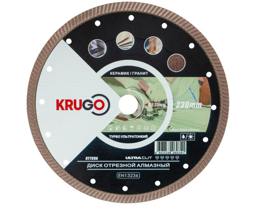 Диск алмазныйТурбо по керамике для УШМ 230 x 1.8 x 22.23 x 10 мм KRUGO RTT09A