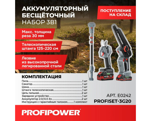 Аккумуляторный бесщеточный НАБОР 3в1 Profipower ProfiSet-3G20 с телескопической штангой (20В, Li-ion-2шт, 4.0Ач-1шт, 2.0Ач, в коробке, E0099, E0216) E0242
