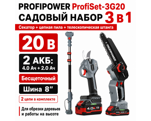 Аккумуляторный бесщеточный НАБОР 3в1 Profipower ProfiSet-3G20 с телескопической штангой (20В, Li-ion-2шт, 4.0Ач-1шт, 2.0Ач, в коробке, E0099, E0216) E0242