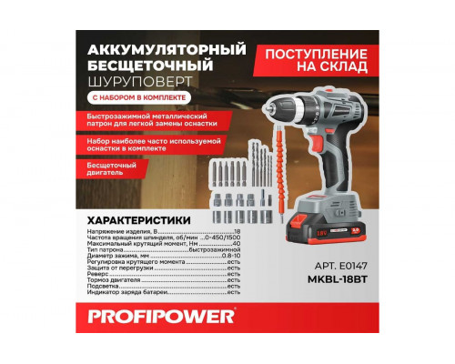Аккумуляторный бесщеточный шуруповерт с набором Profipower MKBL-18BT E0147