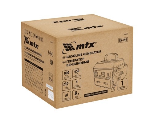Генератор бензиновый MTX RS-950, 0,8 кВт, 230 В, 2-х такт., 4 л, ручной стартер 946650