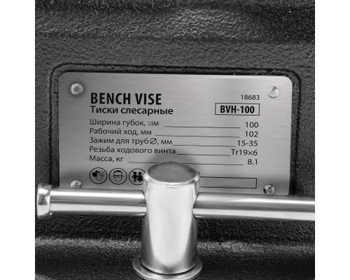 Тиски слесарные BVH-100, 100 мм, поворотные, стальная направляющая, с наковальней Denzel 18683