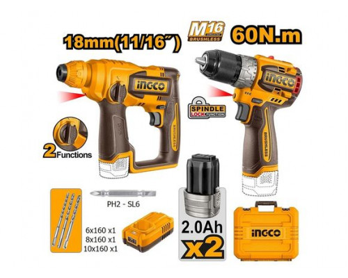 Набор аккумуляторного инструмента 16В INGCO INDUSTRIAL 2 шт шуруповерт 60 Нм + перфоратор 1,5 Дж 2 Акб х 2Ач+зу COSLI241295