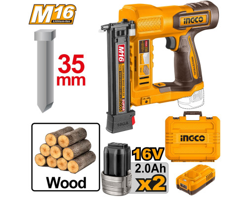Аккумуляторный нейлер 16В, 2хАКБ и ЗУ, GA18 15-35мм INGCO INDUSTRIAL CBNLI2038