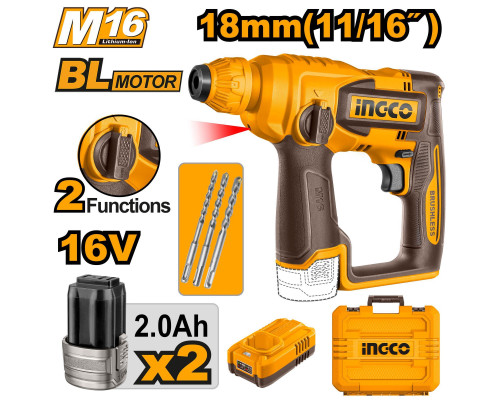 Аккумуляторный бесщёточный перфоратор INGCO INDUSTRIAL 16 В CRHLI16168