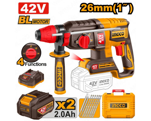 Аккумуляторный бесщеточный перфоратор SDS-Plus INGCO INDUSTRIAL 42 В 2,5 Дж 2х2 Ач  CRHLI422682