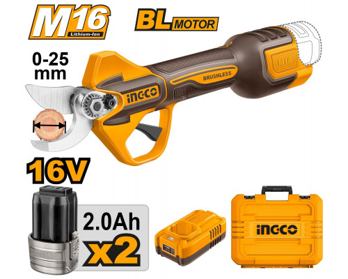 Аккумуляторный секатор 16B BL 2хАКБ 2Ач, и ЗУ INGCO INDUSTRIAL CSSLI162582