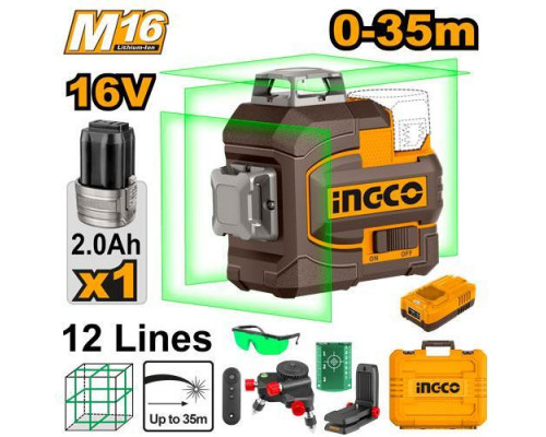 Аккумуляторный лазерный уровень 16В, 3D, 1хАКБ 2Ач и ЗУ INGCO INDUSTRIAL HLL301201