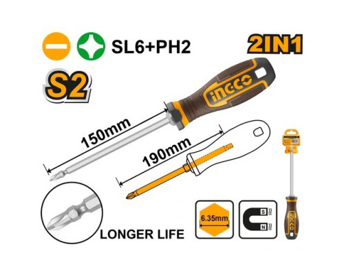 Отвертка двухсторонняя INGCO PH2+SL6 150 мм AKISD26150