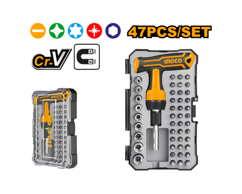 Отверткa реверсивная Т-образная с набором бит и головок INGCO 47 шт. HKSDB0478