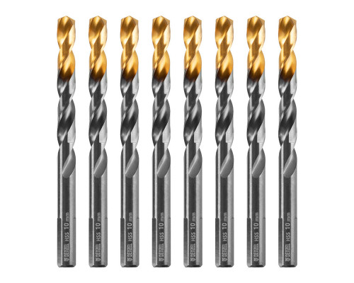 Сверло по металлу, 10 мм, HSS-Tin, Golden Tip, 8 шт. DENZEL 717222