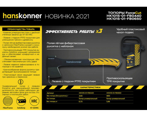 Кованый топор Hanskonner 440 г, фибергласовая рукоятка с TPE, PTFE покрытие HK1015-01-FB0440