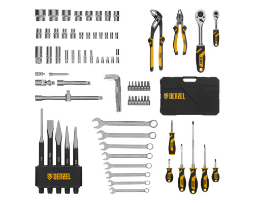 Набор инструментов, 1/2", 1/4", CrV, S2, пластиковый кейс, 84 предмета Denzel 15802