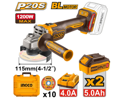 Аккумуляторная УШМ 20В, BL 115/125мм 2хАКБ 5Ач и ЗУ 4A SUPER INGCO INDUSTRIAL CAGLI2211532