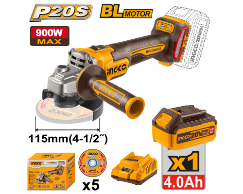 Аккумуляторная угловая шлифовальная машина (УШМ) INGCO INDUSTRIAL 20 В, 115/125 мм CAGLI261521