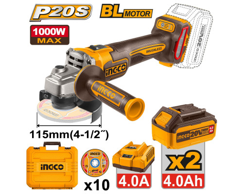 Аккумуляторная УШМ 20В, BL 115/125мм 2хАКБ 4Ач и ЗУ SUPER INGCO INDUSTRIAL CAGLI271532