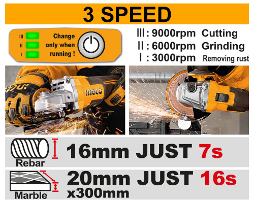 Аккумуляторная УШМ 20В, BL 115/125мм без АКБ и ЗУ SUPER INGCO INDUSTRIAL CAGLI27153