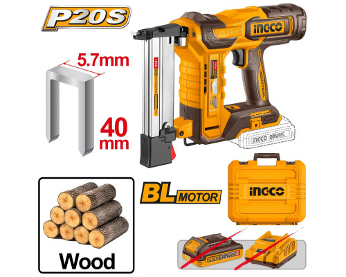 Аккумуляторный нейлер для скоб 20В, BL Ga18 без АКБ и ЗУ SUPER INGCO INDUSTRIAL CCSNLI6005