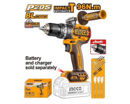 Аккумуляторный бесщёточный ударный шуруповерт INGCO INDUSTRIAL 20 В 96 Нм CIDLI209685