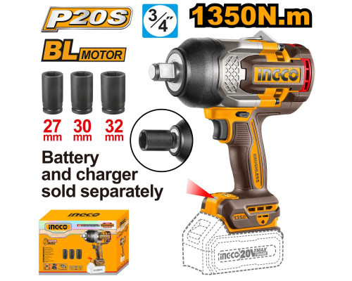 Аккумуляторный бесщеточный ударный гайковерт INGCO INDUSTRIAL 20 В 1/2" 1350 Нм CIWLI201351